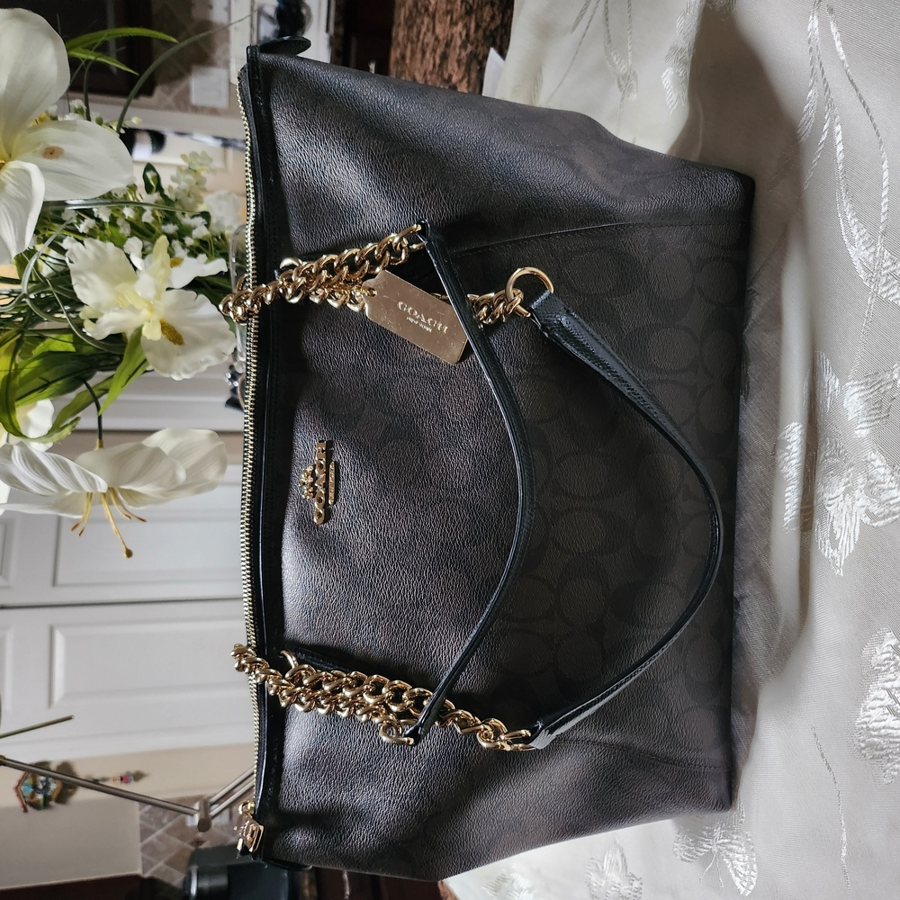 Coach Brown Shoulder Bag with Chain Detail